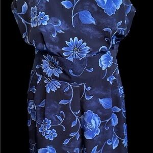 Vintage Navy Blue Floral Sleeveless Romper with Elastic Waist